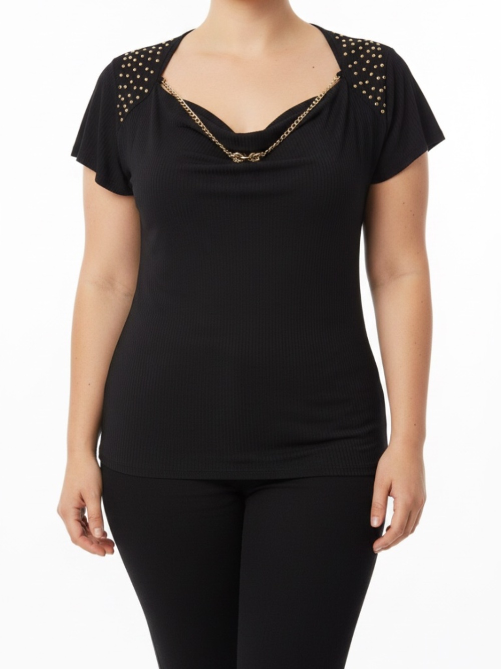 NEW Flutter DEREON cowl necklace chain Gold BLACK  Blouse Top 1X 14 16 PLUS